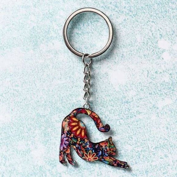 Cute Floral Print Cat Keychain - Picture 1 of 5